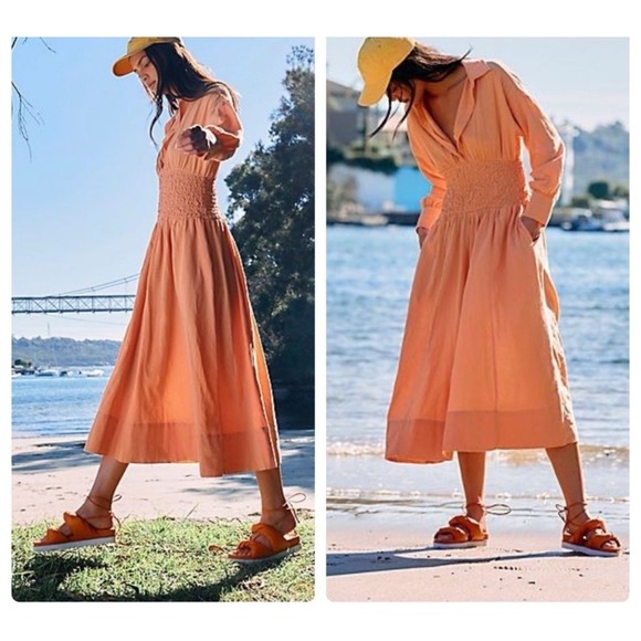 Free People Medium Monika Shirt Dress Smocked Waist Deep V-Neck Autumn Peach EUC - Picture 2 of 14